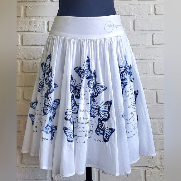 NWT Desigual Embroidered Butterfly Swing Flouncy Flowy Skirt White Blue Size S - Picture 10 of 16